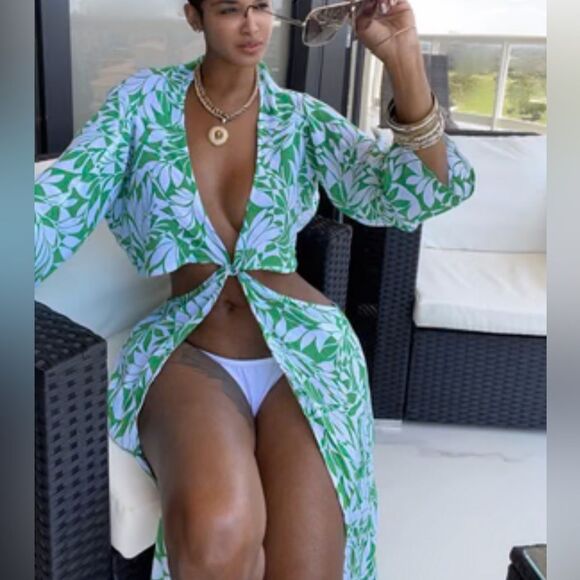 Shade & Shore long sleeve green and white twist front maxi cover up size XL - Picture 3 of 9